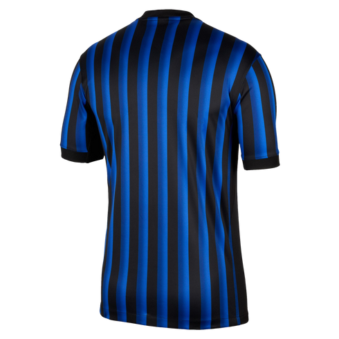 The back view of a short-sleeved jersey featuring alternating black and vibrant blue vertical stripes, a black crew-neck collar, and black sleeve cuffs.