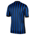The back view of a short-sleeved jersey featuring alternating black and vibrant blue vertical stripes, a black crew-neck collar, and black sleeve cuffs.