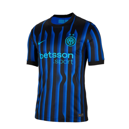 Inter Milan home football jersey featuring blue and black wavy vertical stripes, a teal club crest with two stars, and the "betsson.sport" sponsor logo.