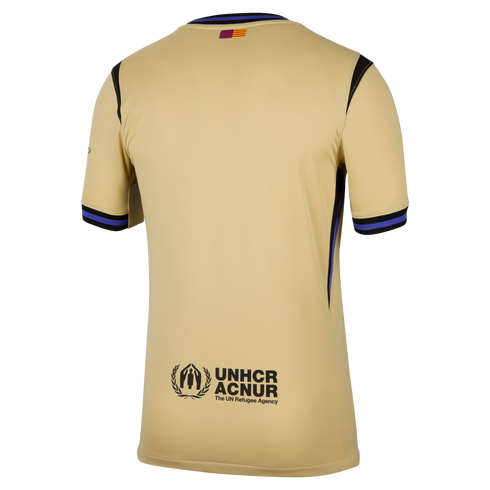Back view of a gold sports jersey with blue and black striped trim, a small flag at the neck, and a black UNHCR ACNUR logo on the lower back.