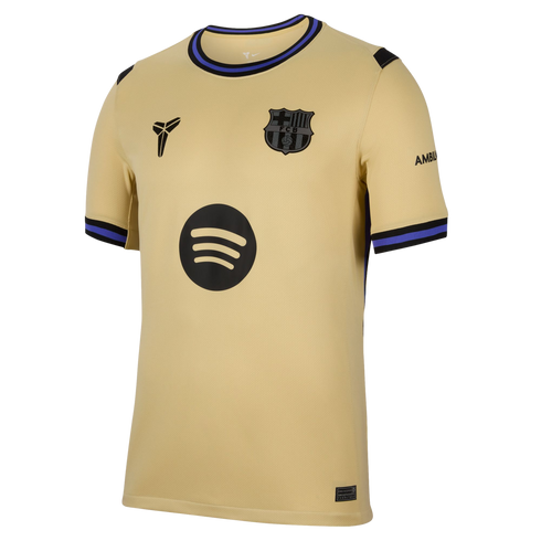 Gold FC Barcelona football jersey with black and blue trim. Features the Kobe Bryant logo, FCB crest, and a large black Spotify sponsor logo in the center.
