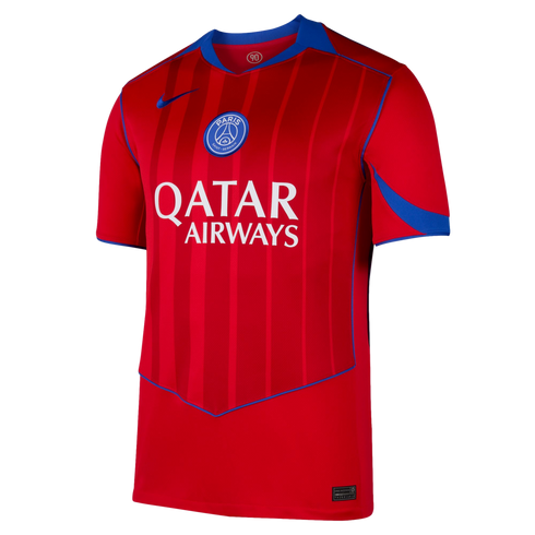 Red Nike Paris Saint-Germain soccer jersey featuring vertical tonal stripes, blue trim, a central PSG crest, and white Qatar Airways sponsor logo.