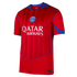 Red Nike Paris Saint-Germain soccer jersey featuring vertical tonal stripes, blue trim, a central PSG crest, and white Qatar Airways sponsor logo.