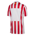 Back view of a red and white vertically striped soccer jersey with a large white square for a name and number, and a small Spanish flag on the collar.