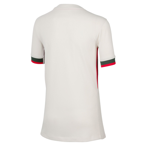 Back view of a cream short-sleeved soccer jersey with green and red striped sleeve cuffs and a red side stripe.