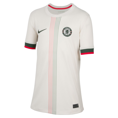 A white Nike Chelsea FC football jersey featuring vertical red and green pinstripes, the club crest, and matching sleeve cuffs.