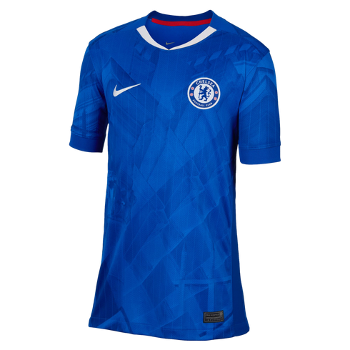Royal blue Nike Chelsea FC home soccer jersey with a subtle geometric pattern, white team crest, white swoosh, and a white and red trimmed V-neck collar.
