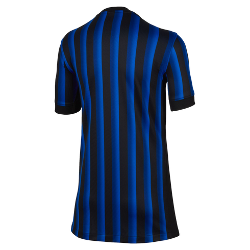 Back view of a blue and black vertically striped short-sleeved jersey with black cuffs against a white background.