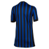 Back view of a blue and black vertically striped short-sleeved jersey with black cuffs against a white background.
