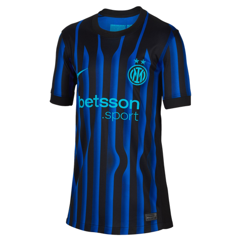 Inter Milan soccer jersey with blue and black vertical stripes, a wavy pattern, teal club crest with two stars, and the "betsson .sport" sponsor logo.