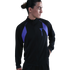 Profile of a person with long hair tied back wearing a black zip-up jacket with purple panels and a logo on the chest, set against a solid black background.