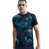 A man models a black Inter Milan football jersey with a vibrant teal and blue abstract pattern, featuring the Qatar Airways logo, against a white background.