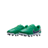 A pair of green Nike kids' soccer cleats with a navy blue swoosh and black studs, set against a plain white background.