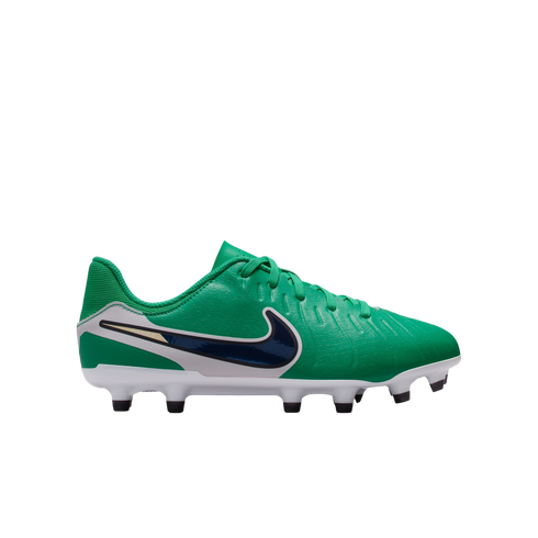 Side profile of a vibrant green Nike soccer cleat with a white sole and dark blue swoosh.