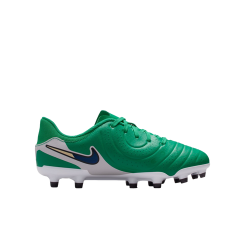 A side profile of a green and white Nike soccer cleat with a blue and gold swoosh, isolated on a white background.