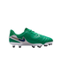 A side profile of a green and white Nike soccer cleat with a blue and gold swoosh, isolated on a white background.