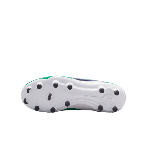 Bottom view of a Nike Tiempo soccer cleat with thirteen black studs on a white soleplate and green upper visible along the edges.