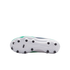 Bottom view of a Nike Tiempo soccer cleat with thirteen black studs on a white soleplate and green upper visible along the edges.