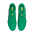 Top-down view of bright green Nike soccer cleats featuring textured uppers, matching green laces, and yellow logo accents on the tongues and insoles, shown on a white background.