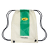 An off-white Nike Tiempo drawstring bag featuring a thick vertical green stripe, a yellow Nike swoosh logo, and black cords.