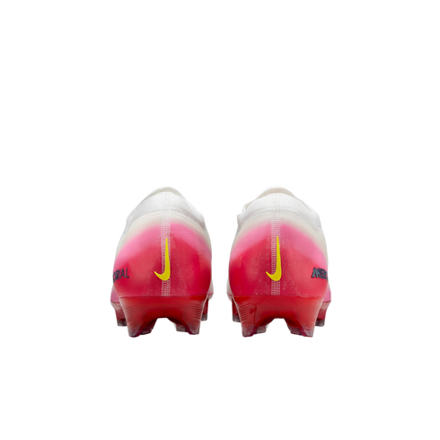 Back view of two Nike Mercurial soccer cleats featuring a white-to-pink gradient upper, yellow heel swooshes, and red studs.