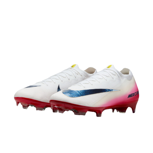 White Nike Mercurial soccer cleats with blue textured swoosh and pink-to-red gradient heel and soleplate.