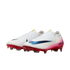 White Nike Mercurial soccer cleats with blue textured swoosh and pink-to-red gradient heel and soleplate.