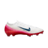 A white Nike soccer cleat with a pink and red gradient base, featuring a blue textured swoosh and "AIR ZOOM" text on the side.