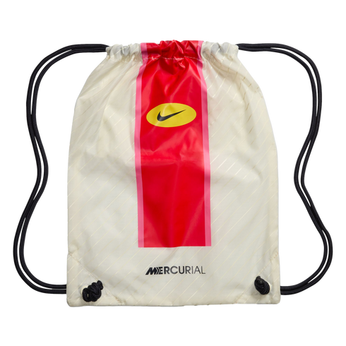 A white Nike Mercurial drawstring bag featuring a bold vertical red stripe, a yellow Nike logo oval, and black drawstrings. The word "MERCURIAL" is printed near the bottom.