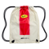 A white Nike Mercurial drawstring bag featuring a bold vertical red stripe, a yellow Nike logo oval, and black drawstrings. The word "MERCURIAL" is printed near the bottom.