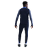 Rear view of a man wearing a navy blue and light blue long-sleeved athletic top and matching pants with black soccer cleats against a white background.