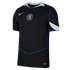 A black Nike Chelsea FC training shirt with a central crest, white details on the collar and sleeves, and thin blue piping.