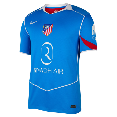 A blue Nike Atletico Madrid soccer jersey featuring white piping, the club crest, and the Riyadh Air sponsor logo.