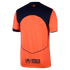 Back view of an orange and navy blue athletic jersey featuring a small striped flag at the collar and the UNHCR ACNUR logo on the lower back.