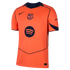 Orange Nike FC Barcelona soccer jersey with navy blue accents, featuring the club crest and Spotify logo on the chest.