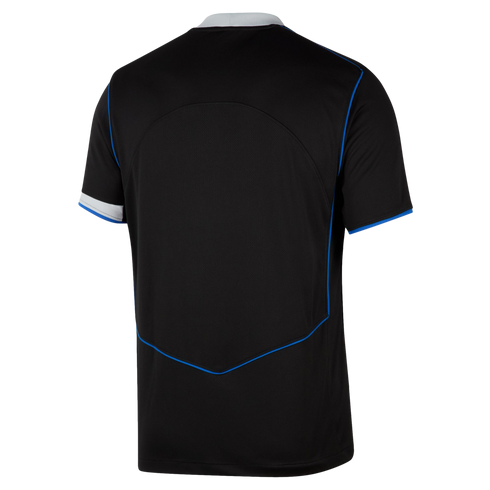 Back view of a black short-sleeved sports jersey with blue piping details, a white collar, and white sleeve trim.