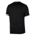 Back view of a black short-sleeved sports jersey with blue piping details, a white collar, and white sleeve trim.