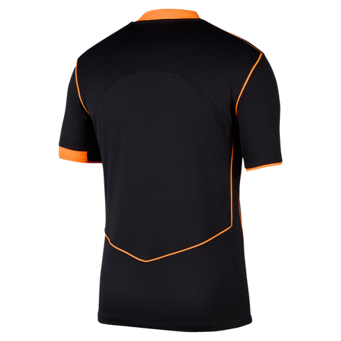 Back view of a black short-sleeved athletic jersey featuring bright orange piping and trim on the collar, sleeves, and back seams.