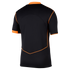 Back view of a black short-sleeved athletic jersey featuring bright orange piping and trim on the collar, sleeves, and back seams.