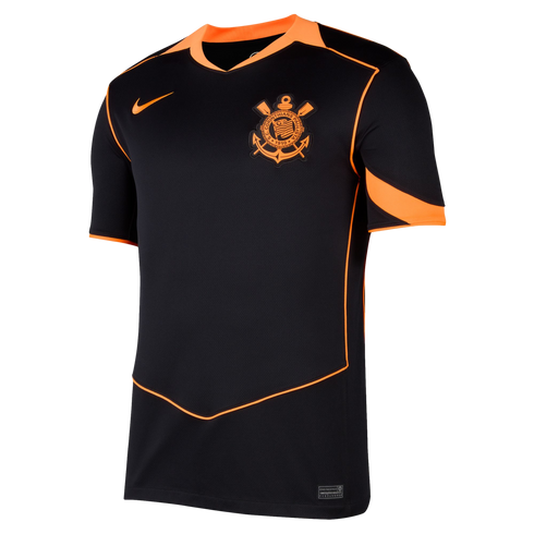 A black Nike soccer jersey with orange accents, featuring the S.C. Corinthians Paulista club crest on the chest and an orange V-neck collar.