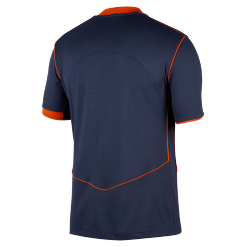 Back view of a navy blue short-sleeved sports jersey with bright orange piping along the shoulders, sleeve cuffs, and lower back.