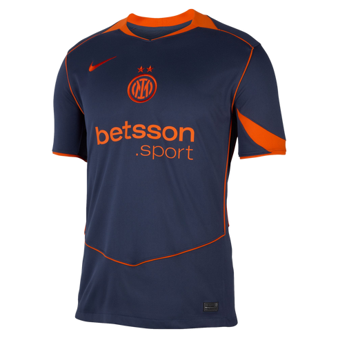 Dark blue Inter Milan soccer jersey with orange accents. Features the Nike swoosh, team crest with two stars, and "betsson.sport" sponsor logo, all in vibrant orange.