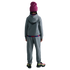 Rear view of a person wearing a grey tracksuit, a magenta beanie, and colorful patterned sneakers against a solid black background.