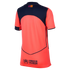 Back view of a coral sports jersey with a navy blue arched shoulder panel and sleeve cuffs. A UNHCR ACNUR logo is printed on the lower back.