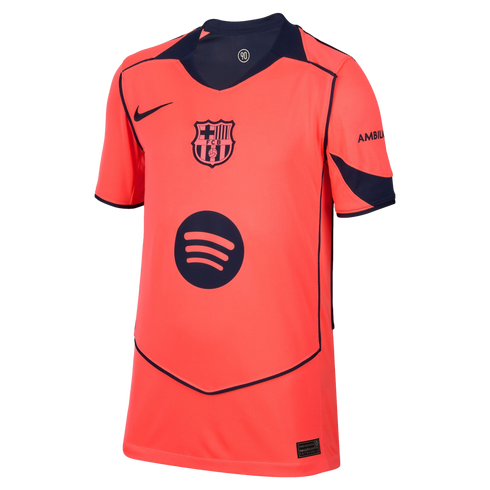 Bright orange FC Barcelona soccer jersey featuring navy accents, the club crest, a Nike logo, and a large Spotify sponsor logo.