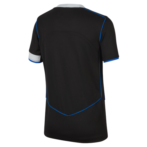 Back view of a black short-sleeved sports jersey featuring thin blue piping, a white collar, and blue and white accents on the sleeves.