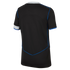Back view of a black short-sleeved sports jersey featuring thin blue piping, a white collar, and blue and white accents on the sleeves.