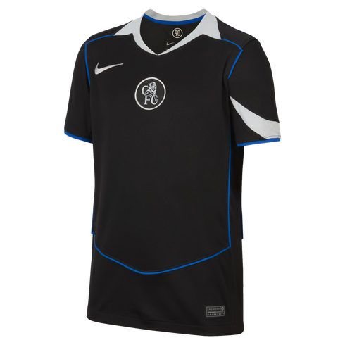 Black Chelsea FC Nike Total 90 football jersey with white trim, a centered circular club crest, and blue piping details.