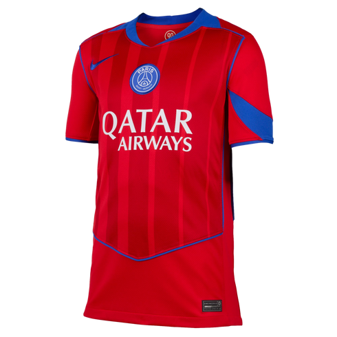 Red Nike Paris Saint-Germain football jersey with blue trim. Features a centered PSG crest, white Qatar Airways sponsor logo, and subtle tonal vertical stripes on the torso.