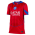 Red Nike Paris Saint-Germain football jersey with blue trim. Features a centered PSG crest, white Qatar Airways sponsor logo, and subtle tonal vertical stripes on the torso.